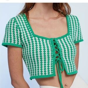 ZARA Green & Cream Knit Lace-Up Crop Top
